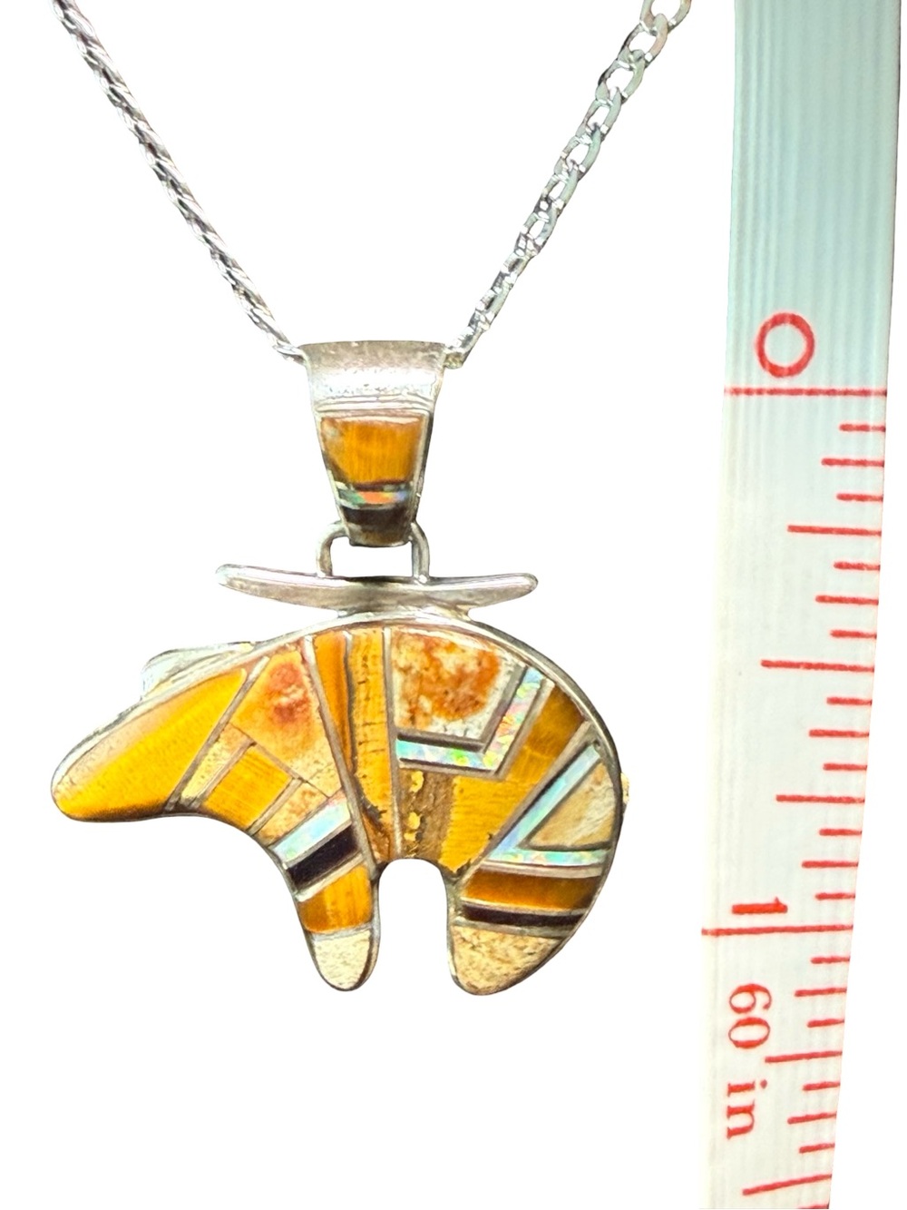 Sterling Silver Bear Pendant Necklace with Yellow Inlay